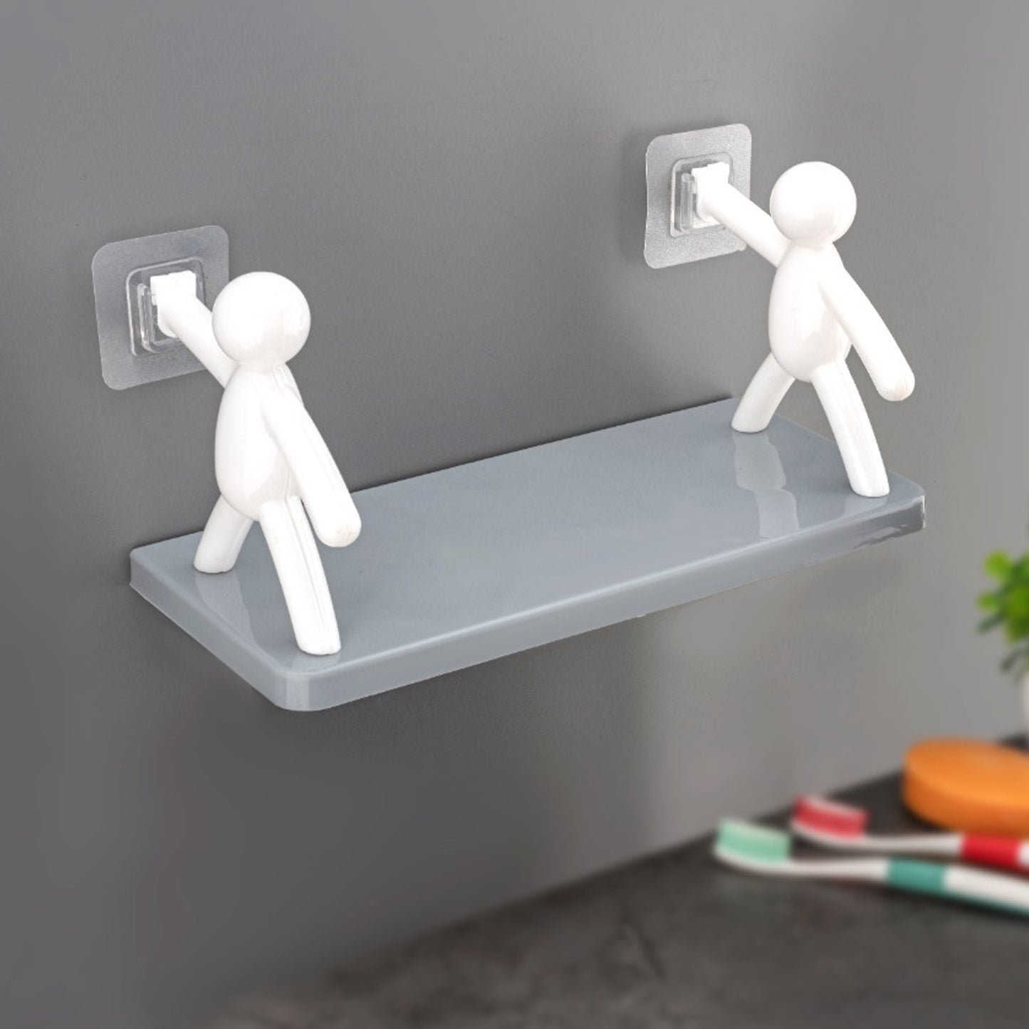 Self Adhesive Cute Floating Shelves Wall Shelf  Wall Mounted Organizer - Human Figurine  Brown Box